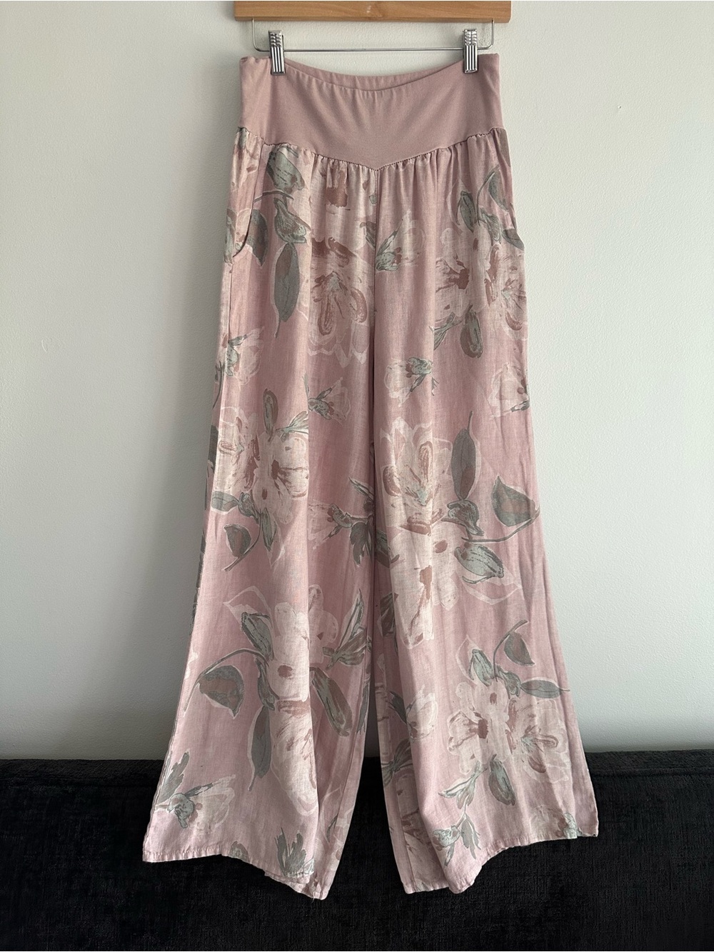 NWOT Cherishh 100% Linen Floral Wide-Leg Pull-On Pants — Pink Size S/M